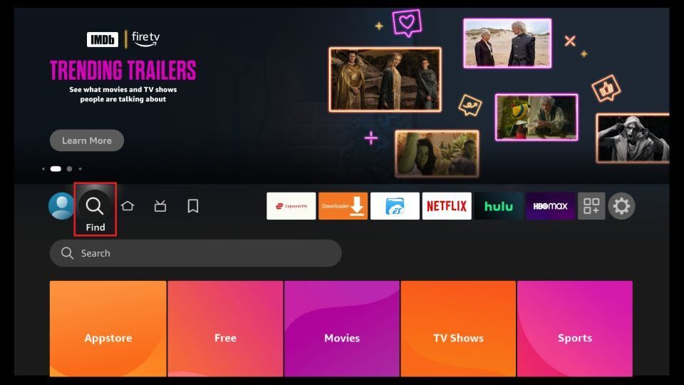 Firestick home screen with the Find menu highlighted