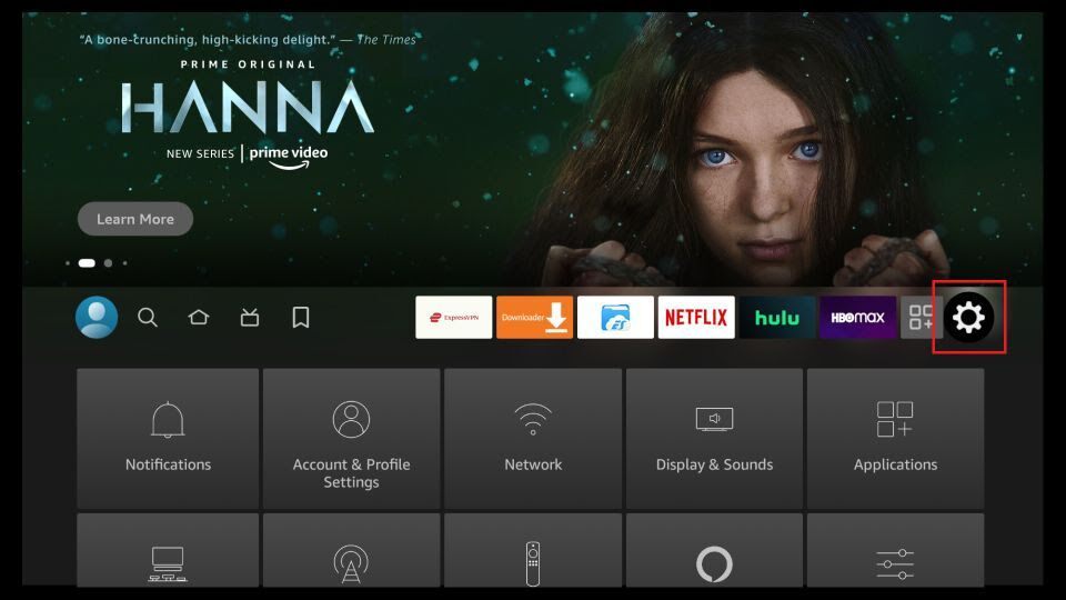 Firestick home screen with the Settings gear icon highlighted