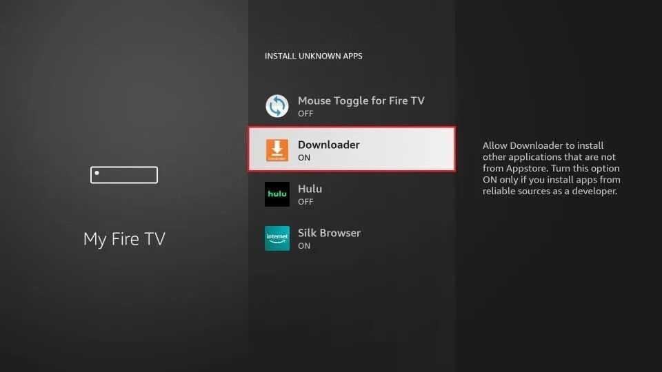 Install unknown apps screen with the Downloader toggle switched on