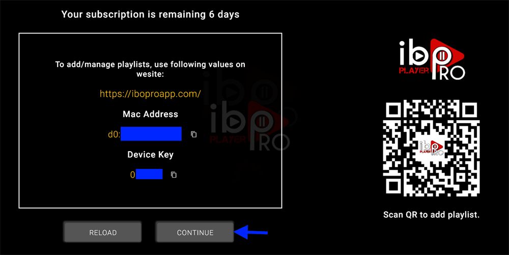IBO Player Pro startup popup showing the MAC address and device key