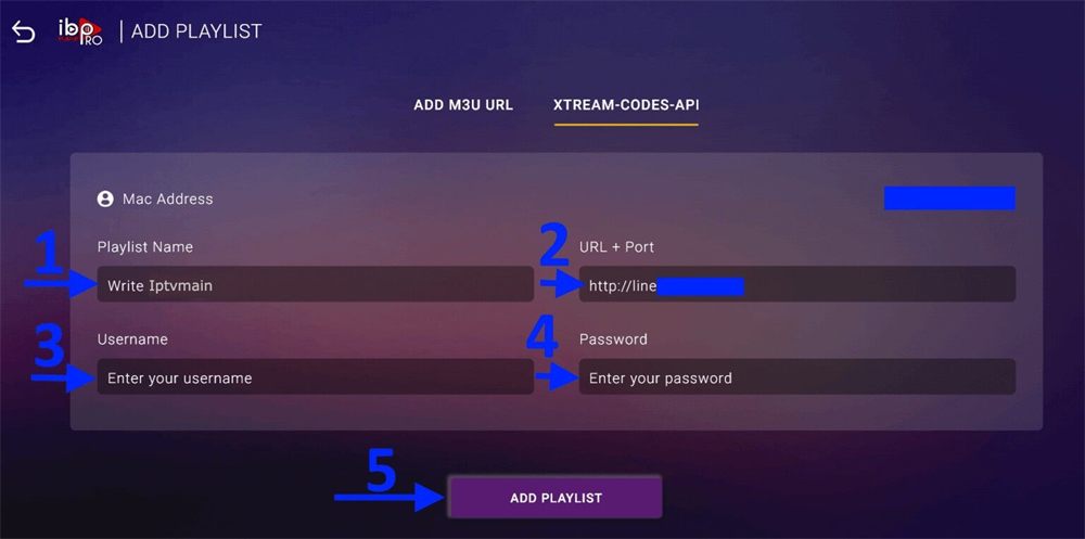 IBO Player Pro Xtream Codes API form with the playlist name, username, password and server URL fields