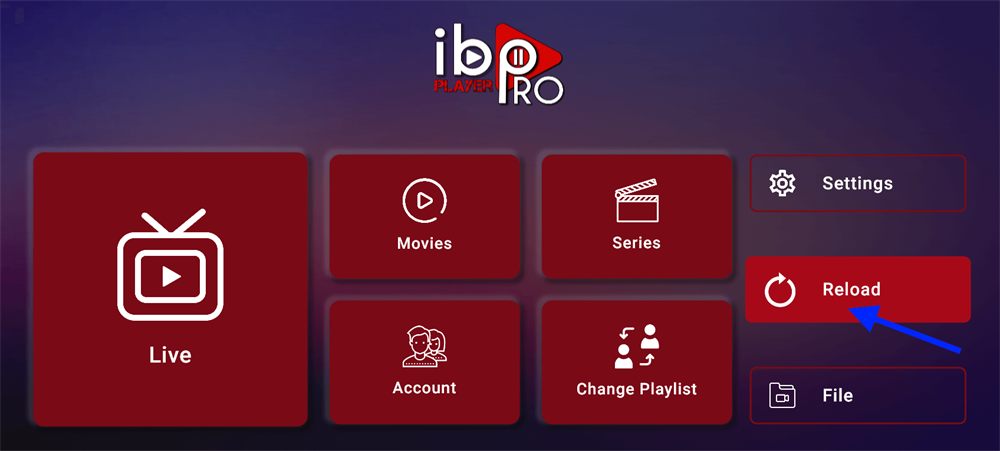IBO Player Pro home screen with the Reload option highlighted
